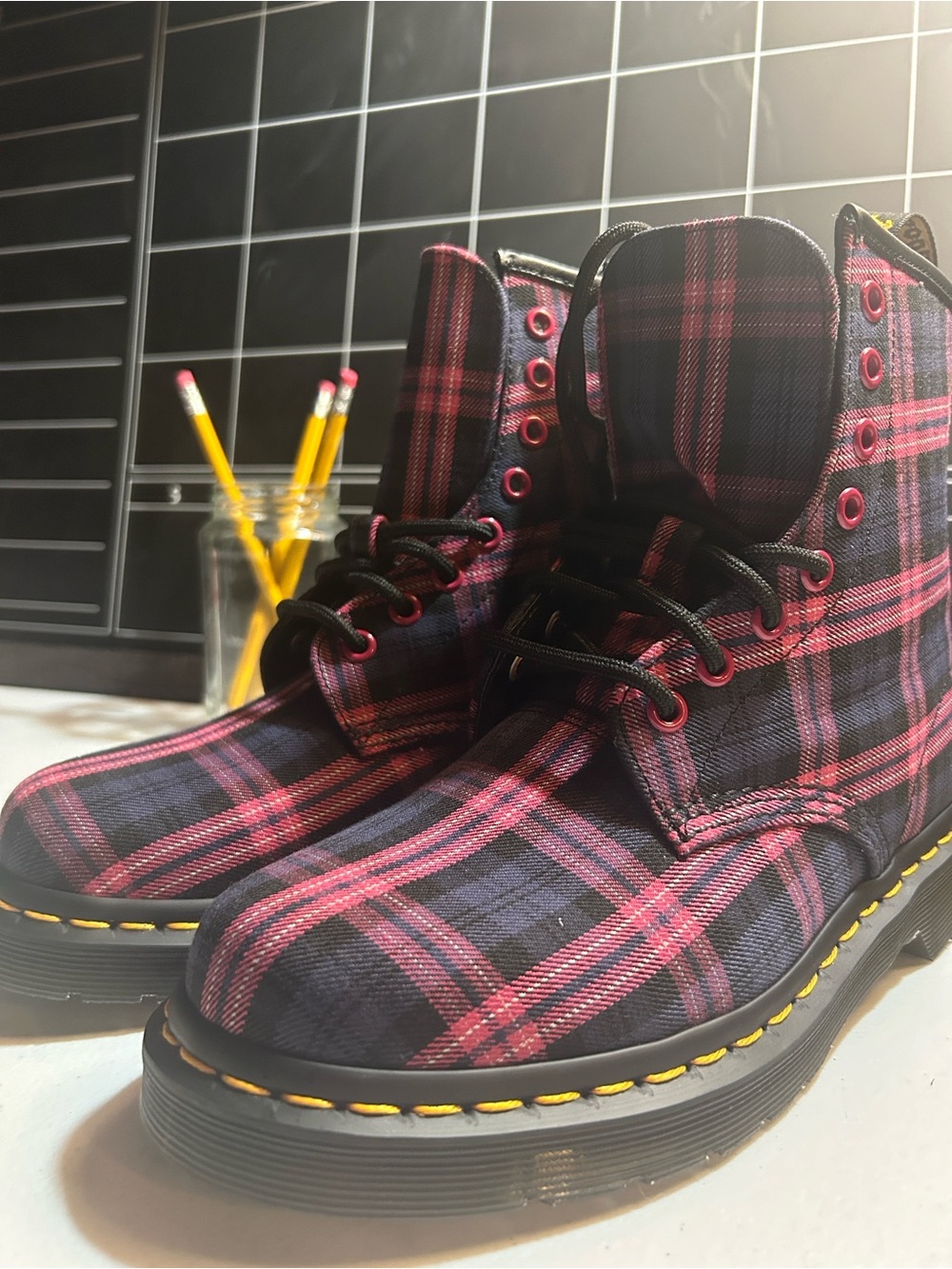 Dr Martens Pink Plaid Lace-Up Women's Ankle Boots - Black and Pink